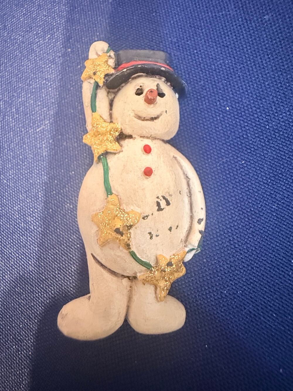 Vintage Painted Wood Snowman Glitter Star Brooch